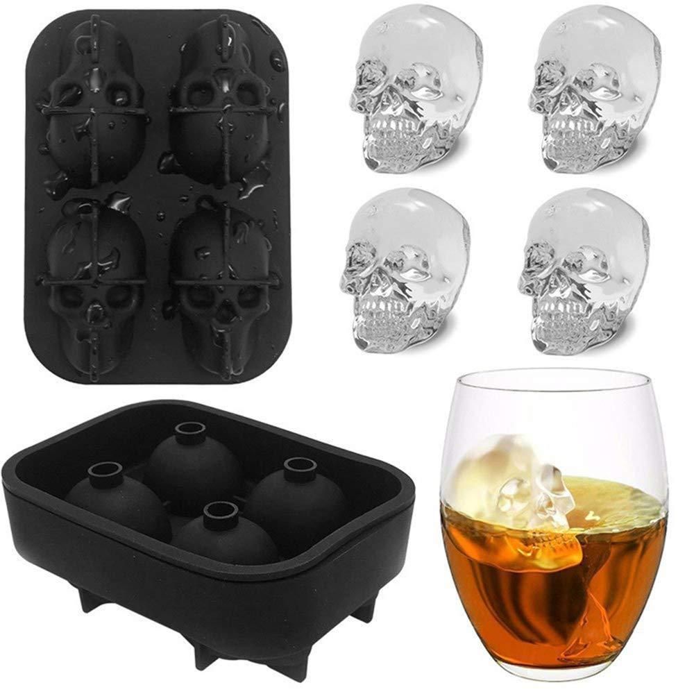 (Pack of 2) Skull Shaped Silicone 3D 4 Vivid Ice Cube Tray Mould Reusable Ice Maker For Chiling Whiskey Cocktail