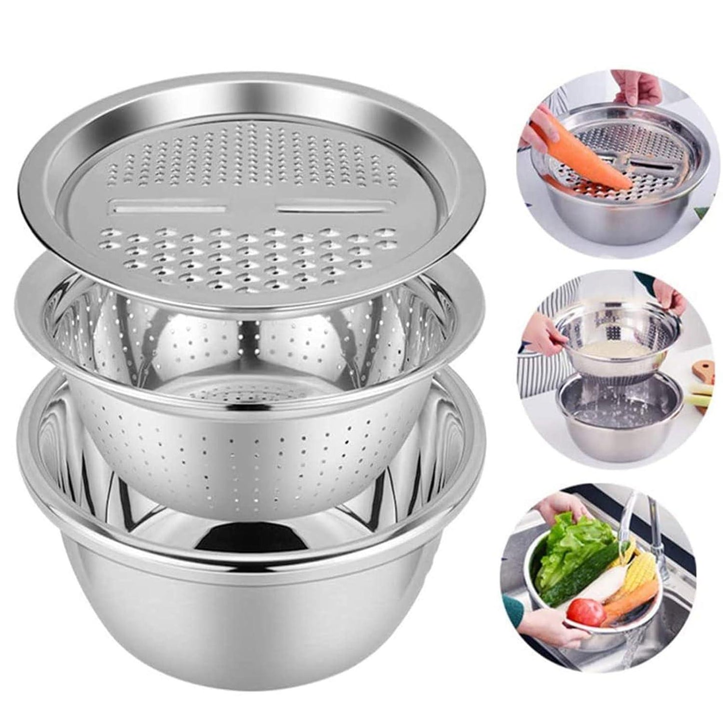 (Pack of 2) 3 in 1 Multifunctional Grater Basin Stainless Steel Colanders Set