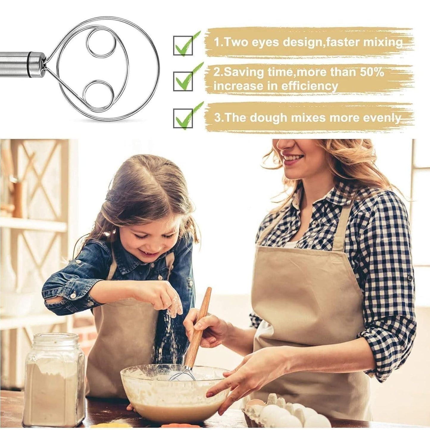 (Pack of 2) Dishwasher Safe Danish Dough Whisk, Stainless Steel Bread Whisk, Bread Mixer Making Tools