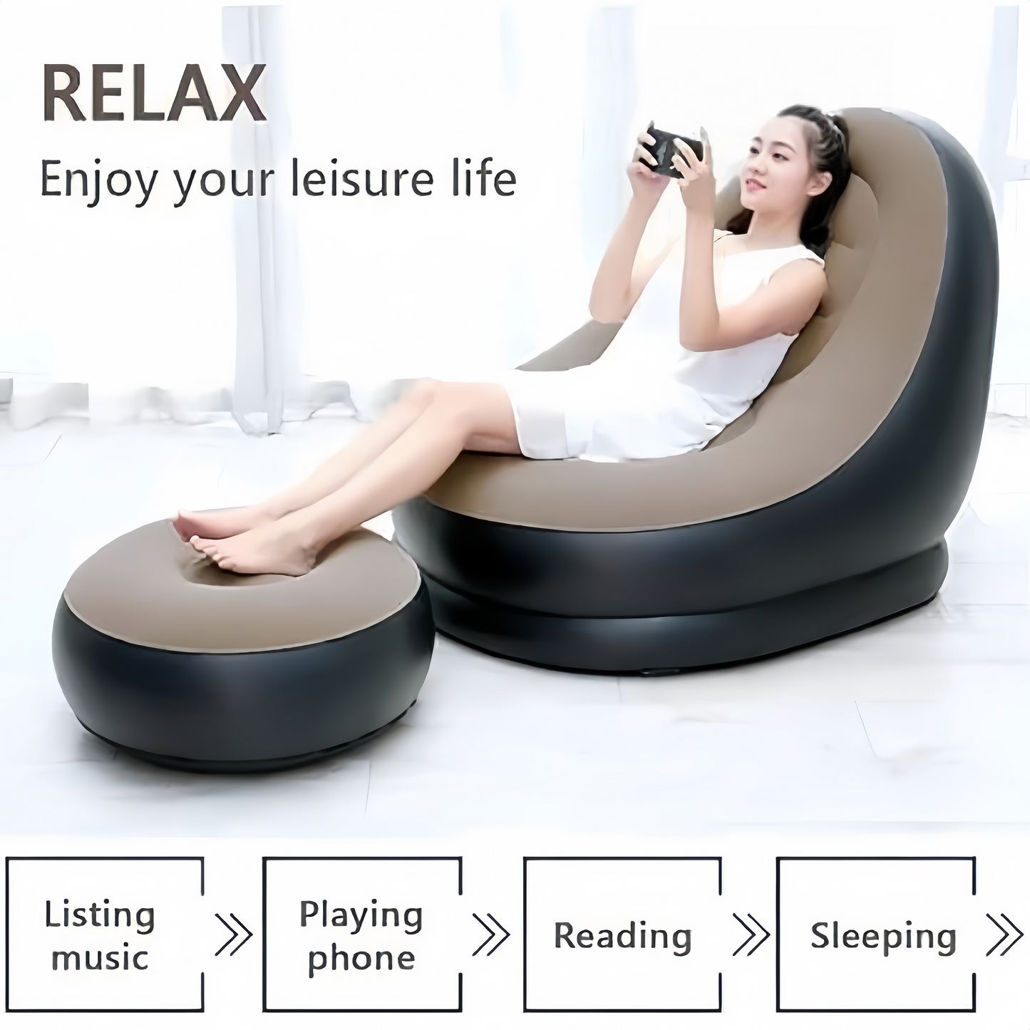 Inflatable Lounge Chair for Adults, Folding Portable Lazy Sofa with Foot Stool for Indoor Livingroom Gaming Bedroom Office Balcony Outdoor Travel Camping