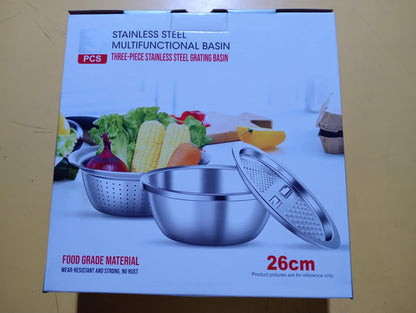 (Pack of 2) 3 in 1 Multifunctional Grater Basin Stainless Steel Colanders Set