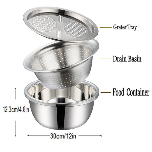 (Pack of 2) 3 in 1 Multifunctional Grater Basin Stainless Steel Colanders Set