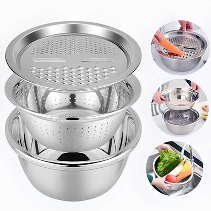 (Pack of 2) 3 in 1 Multifunctional Grater Basin Stainless Steel Colanders Set