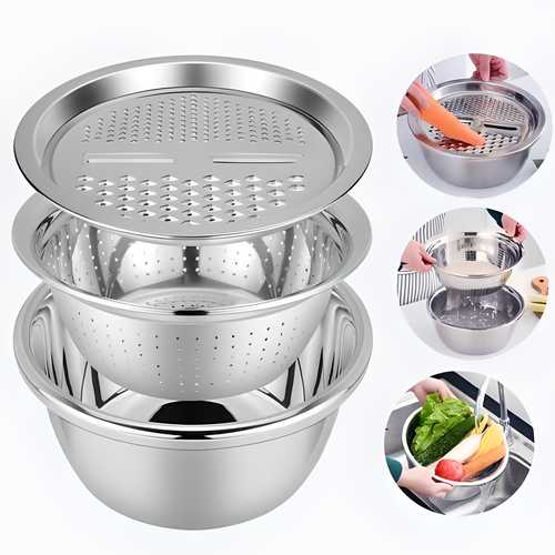(Pack of 2) 3 in 1 Multifunctional Grater Basin Stainless Steel Colanders Set